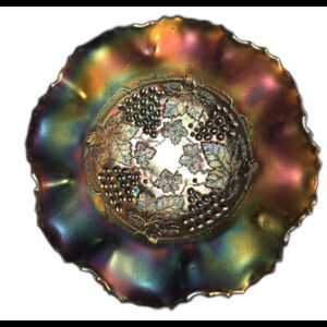 Antique Northwood Amethyst Grapes And Cable spatula footed ruffled bowl 1910